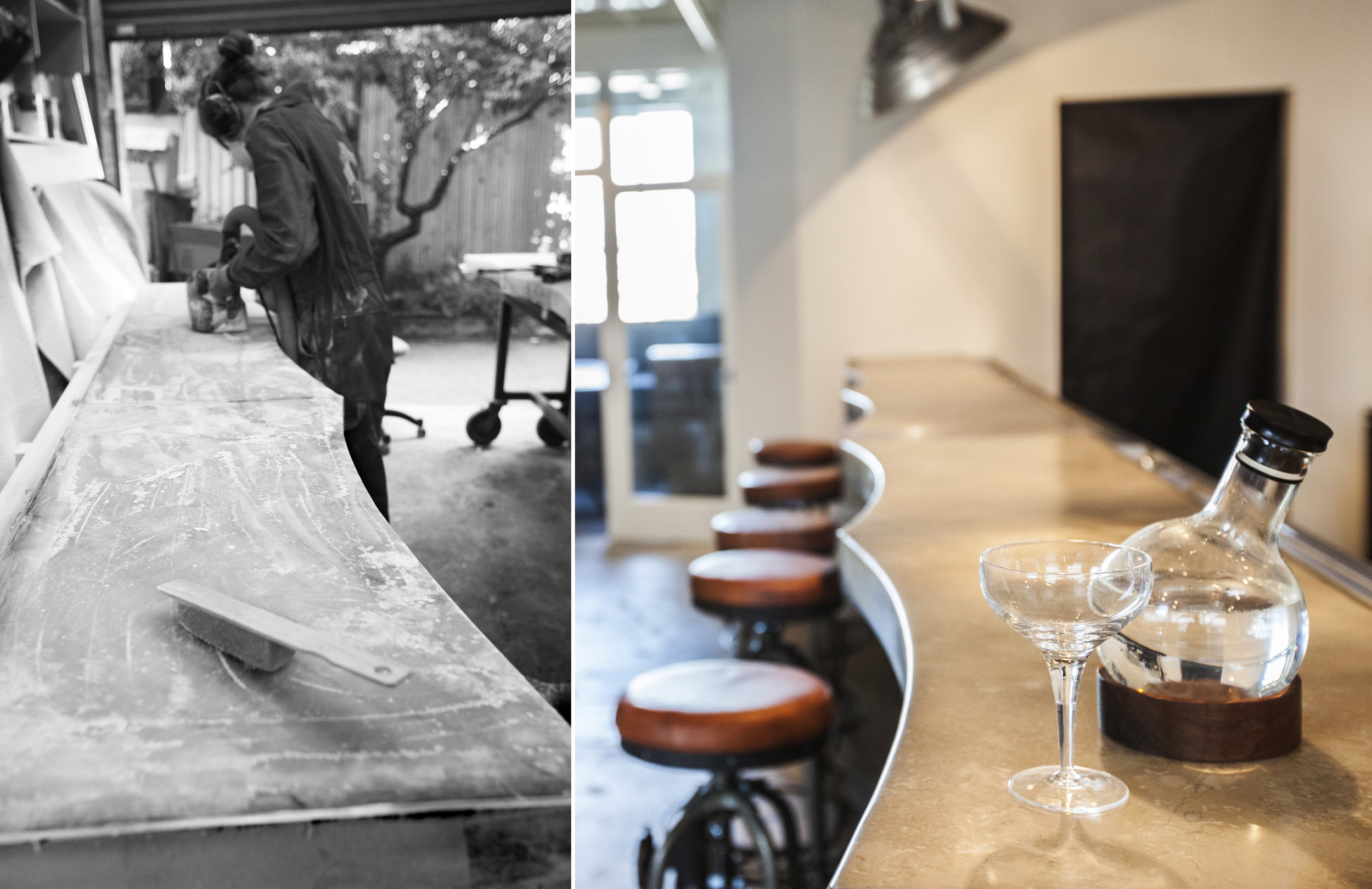 Limestone from the Clock Test site was cast into resin at our shop to make the bar top. The curves in the stone are from the Clock site carving. We were excited to use these to add a wonderful edge to the bar front and beautiful surface.