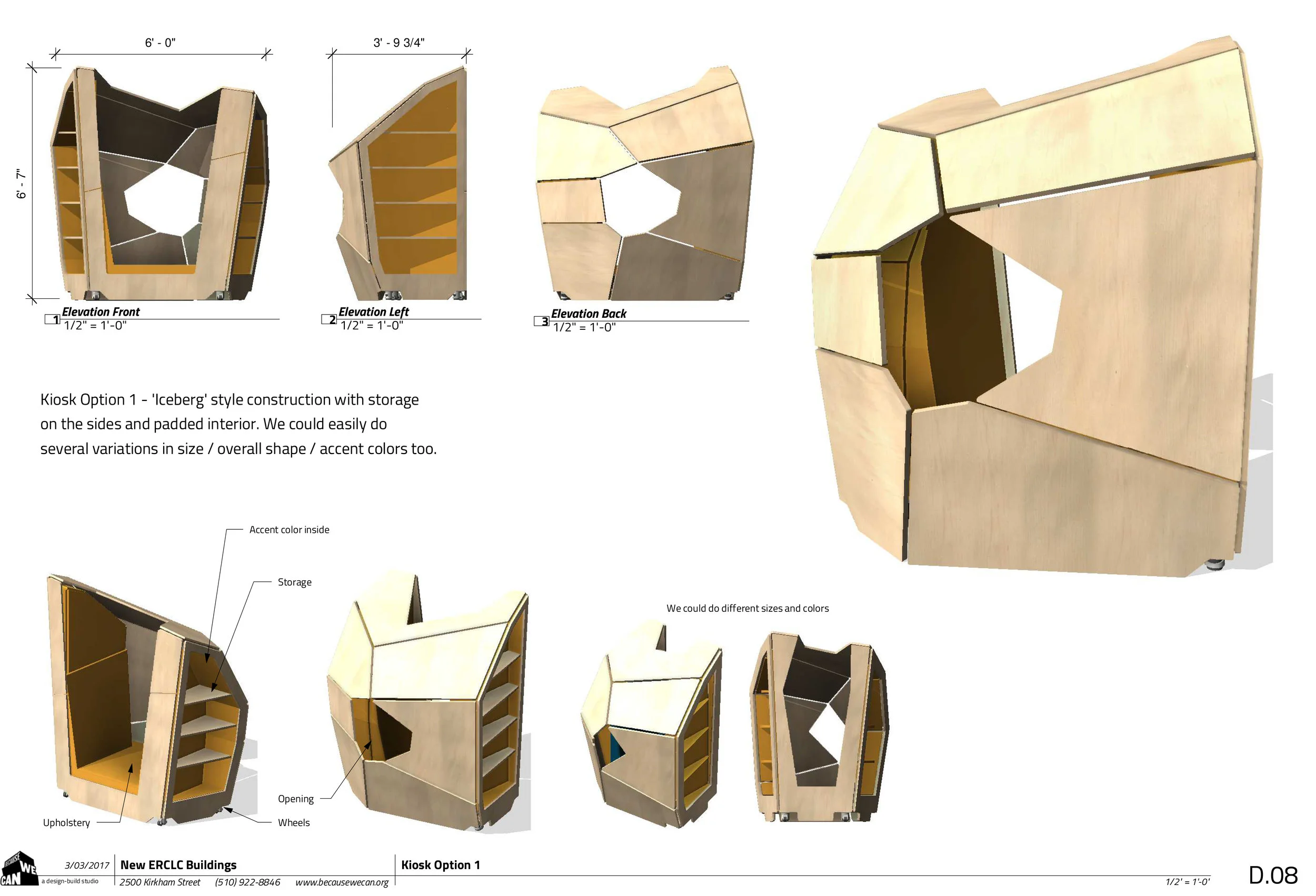 Rolling, padded kiosks designed to hold books on the outside and hold children on the inside, curled up to read. These rolling kiosks would go in the parent lounge building and be used by students, siblings and parents.
