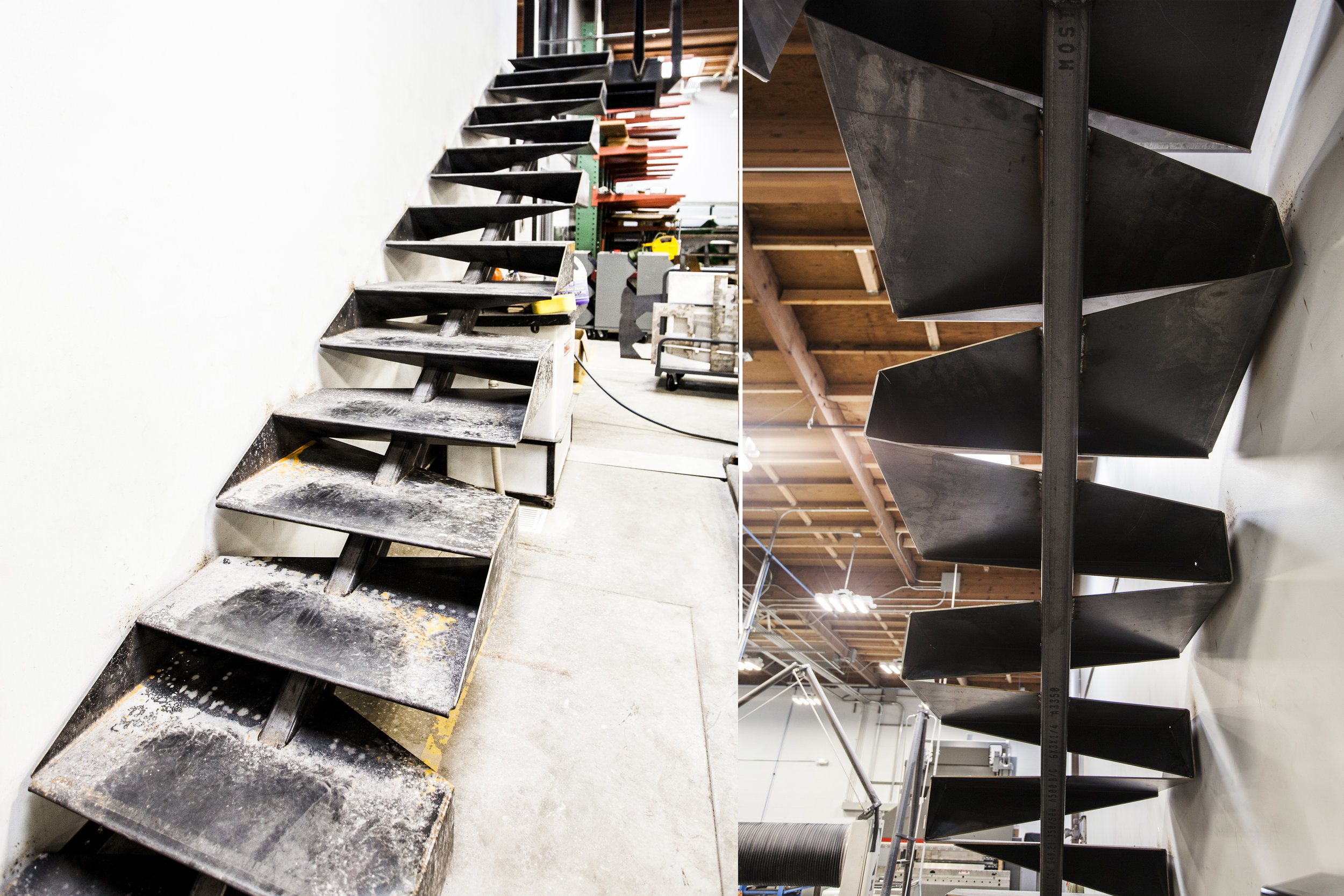 The custom made stairs match the aesthetic of the exterior awnings and were able to be made in the metal shop onsite. A cool detail to add to this spacious design.
