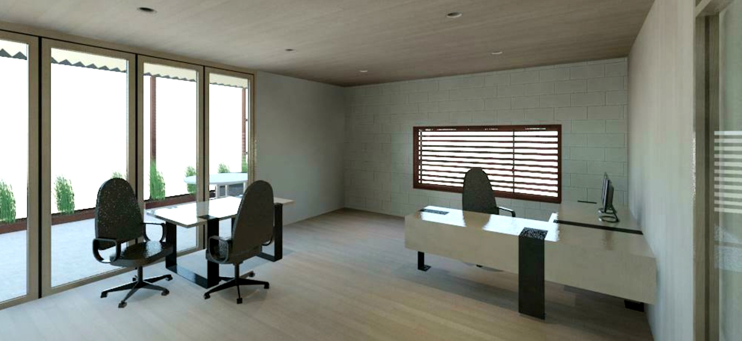The office spaces are open and airy with outside overhangs for shade and natural light allowances in this hot desert climate.