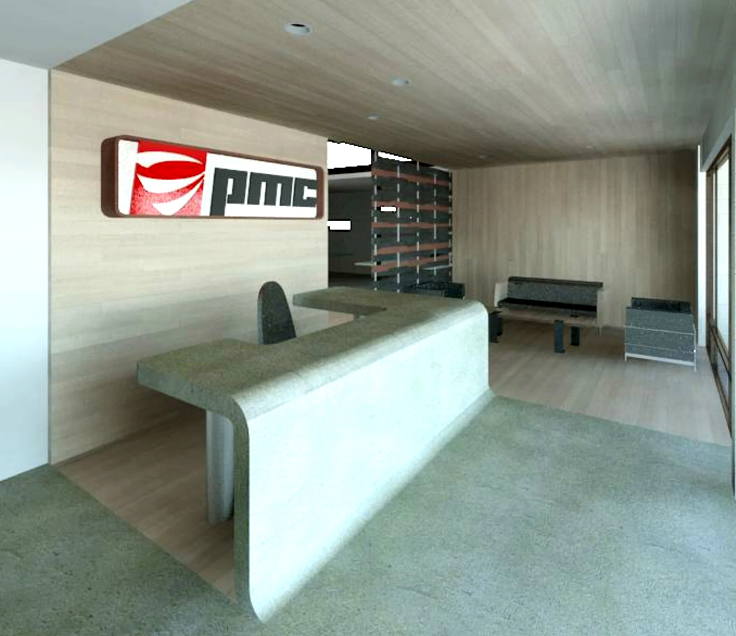 We used concrete and wood to wrap the interior reception area, referencing the industrial work that this companies provides.