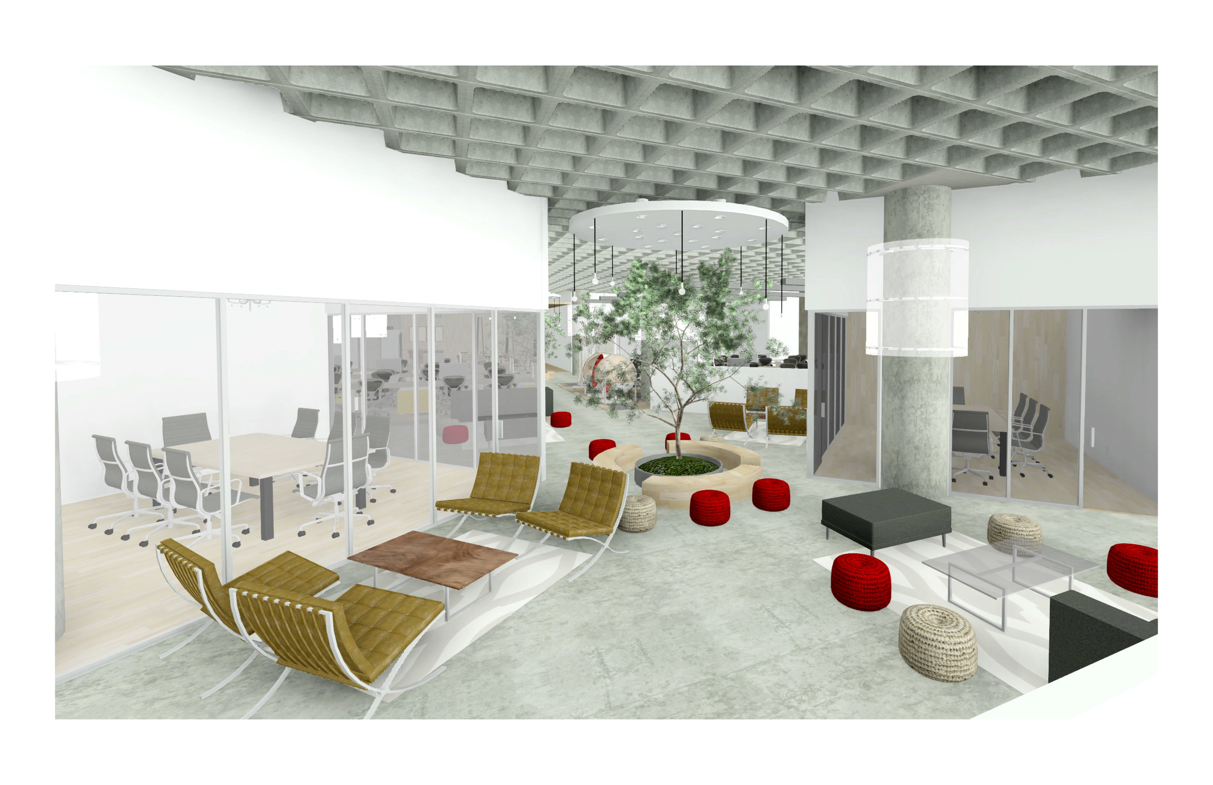 The view here shows the center tree in the space that is great for way finding and adds that bit of nature.