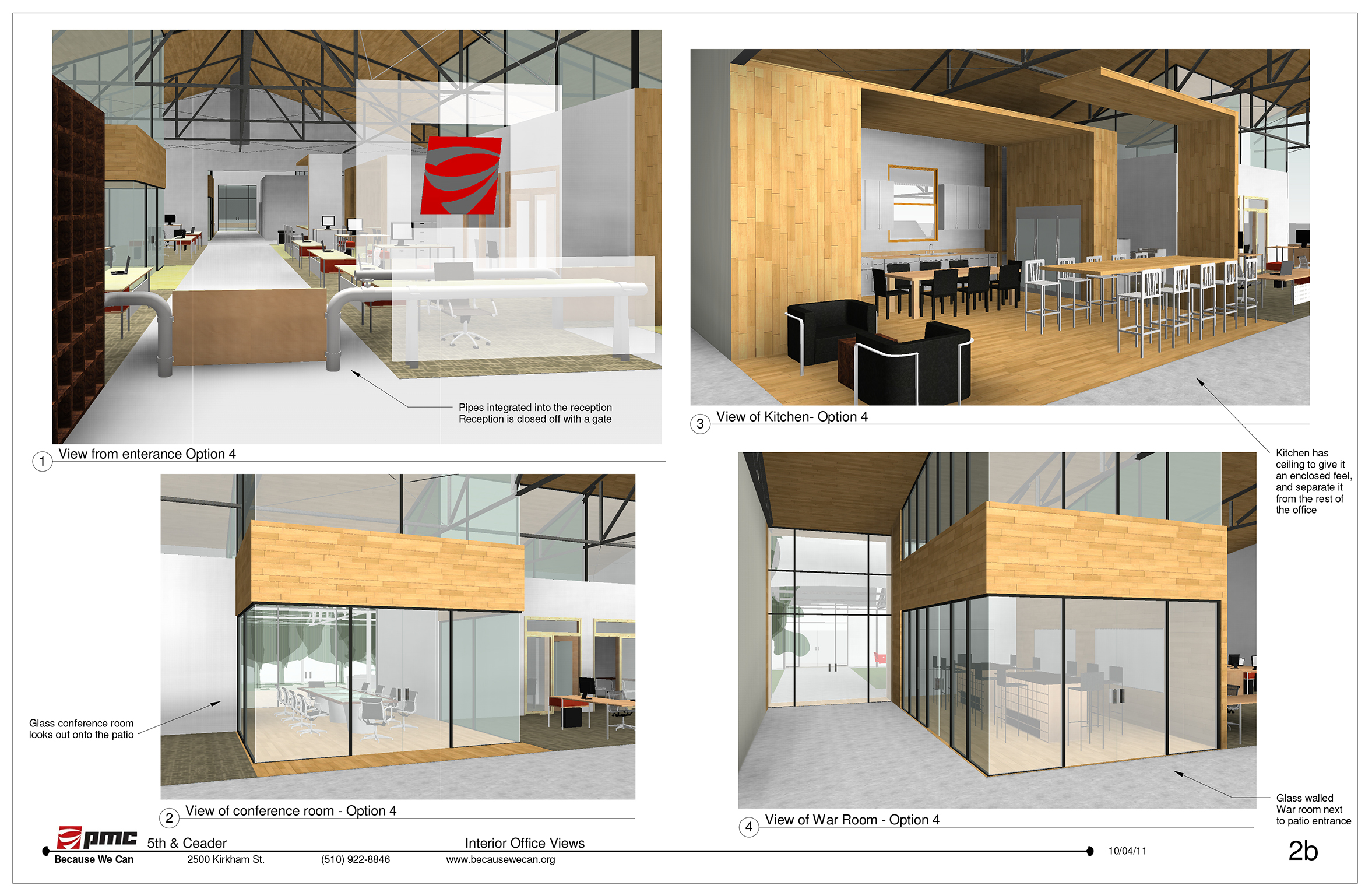  These interior office views show various collaborative work areas. A small, tight knit team operates this company. The need to have many kinds of meeting areas with and without clients is addressed in this layout. 
