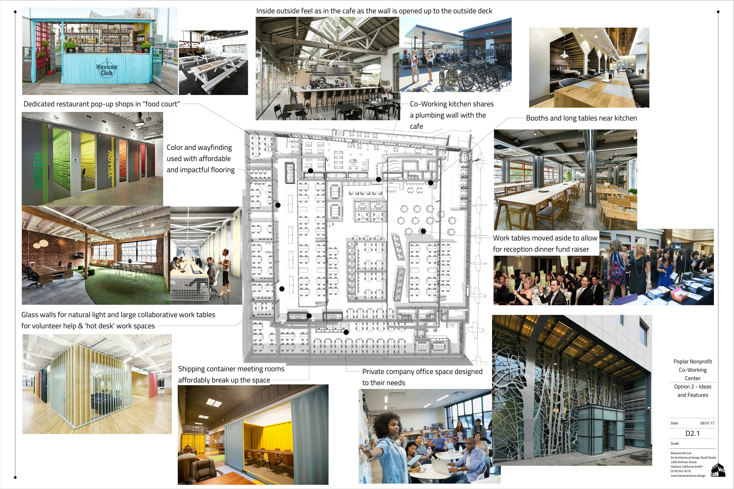 Floor plans and concept images to show a co-working office idea for this large industrial space. 
