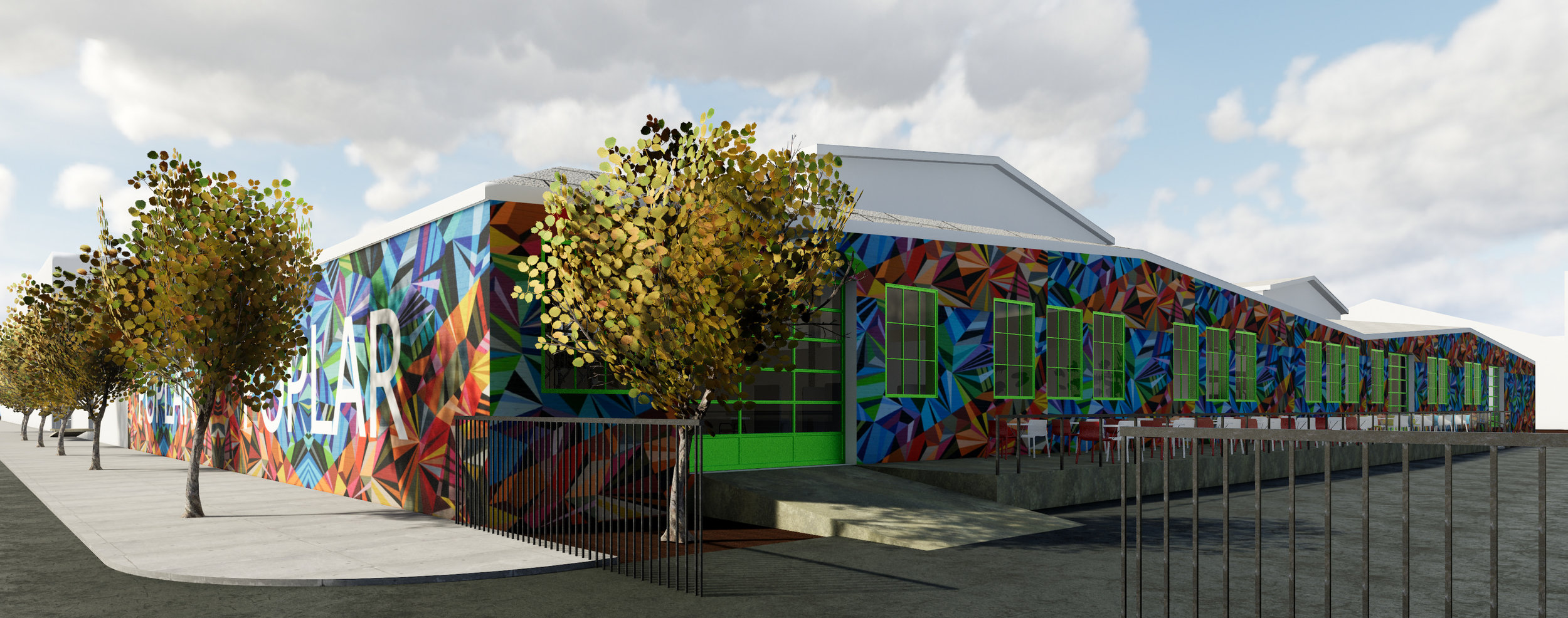  A vibrant paint scheme to show the concept of how the facade could look with a full wall mural. 