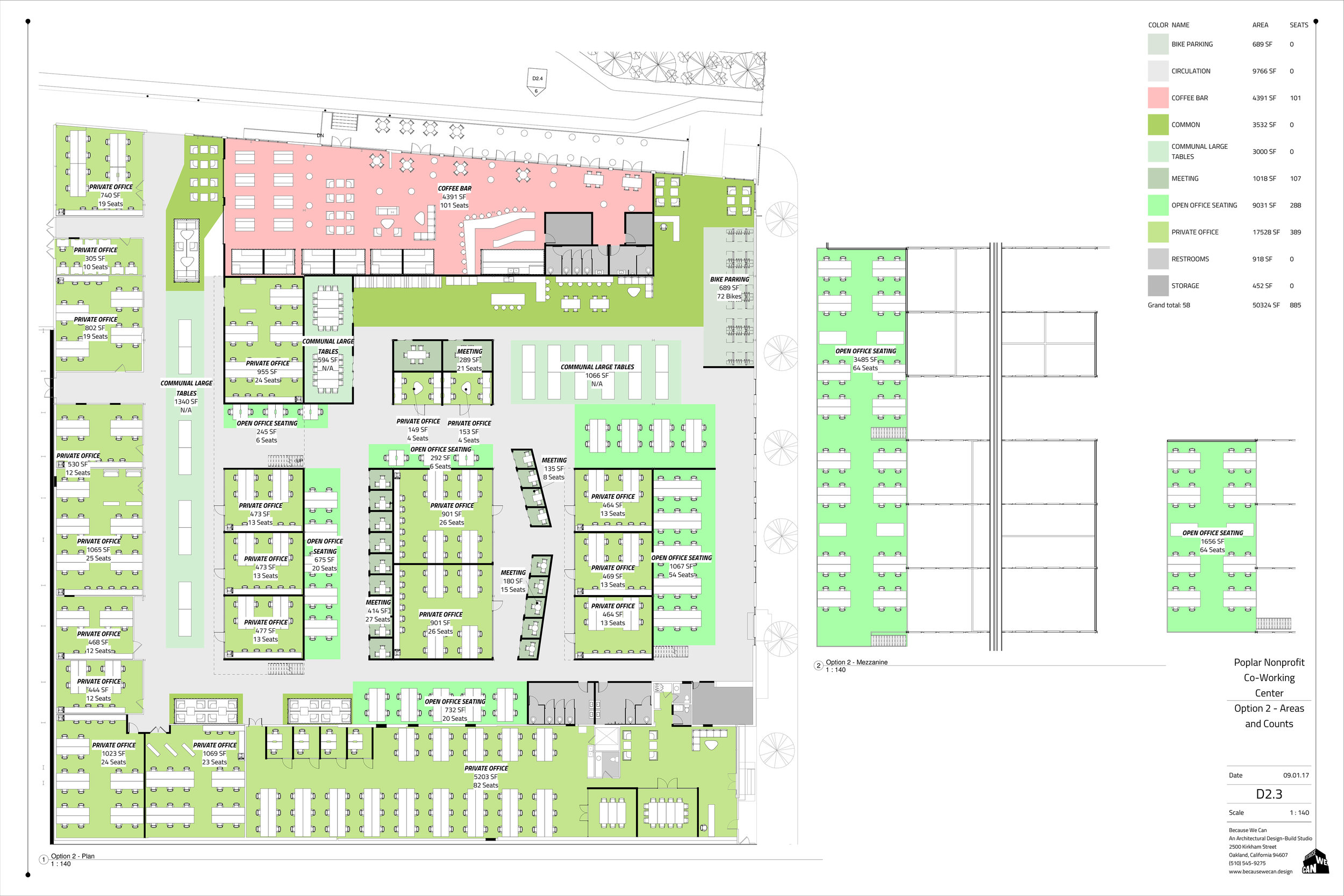  A floor plan for the the office / co-working plan. The large open space is broken up into rentable areas, shared areas and a dedicated public facing cafe &amp; food court; another needed venue for the neighborhood. 