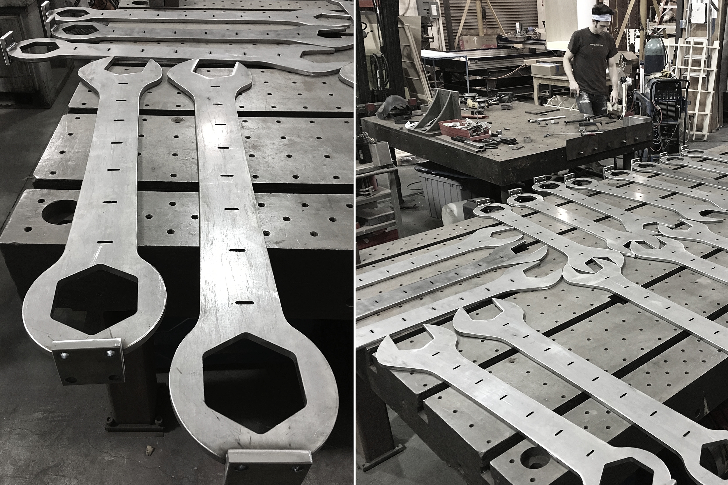  After the wenches were waterjet, they needed some additional clean up and welding. Standing at 40" tall, they are some heavy, impressive wrenches! 