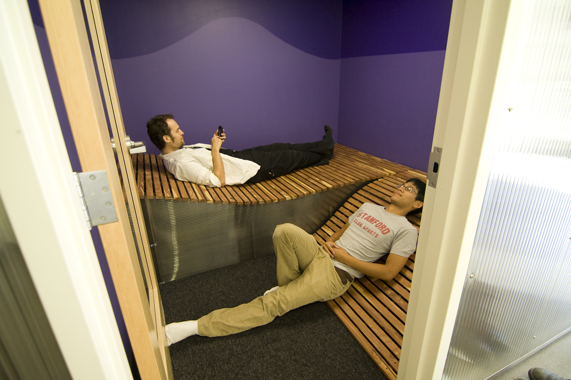  We worked closely with the D-School design team to make these elements for this campus. The 'relax room' we made out of cedar slats so it not only gave a comfortable seat, but also a pleasant aroma. 