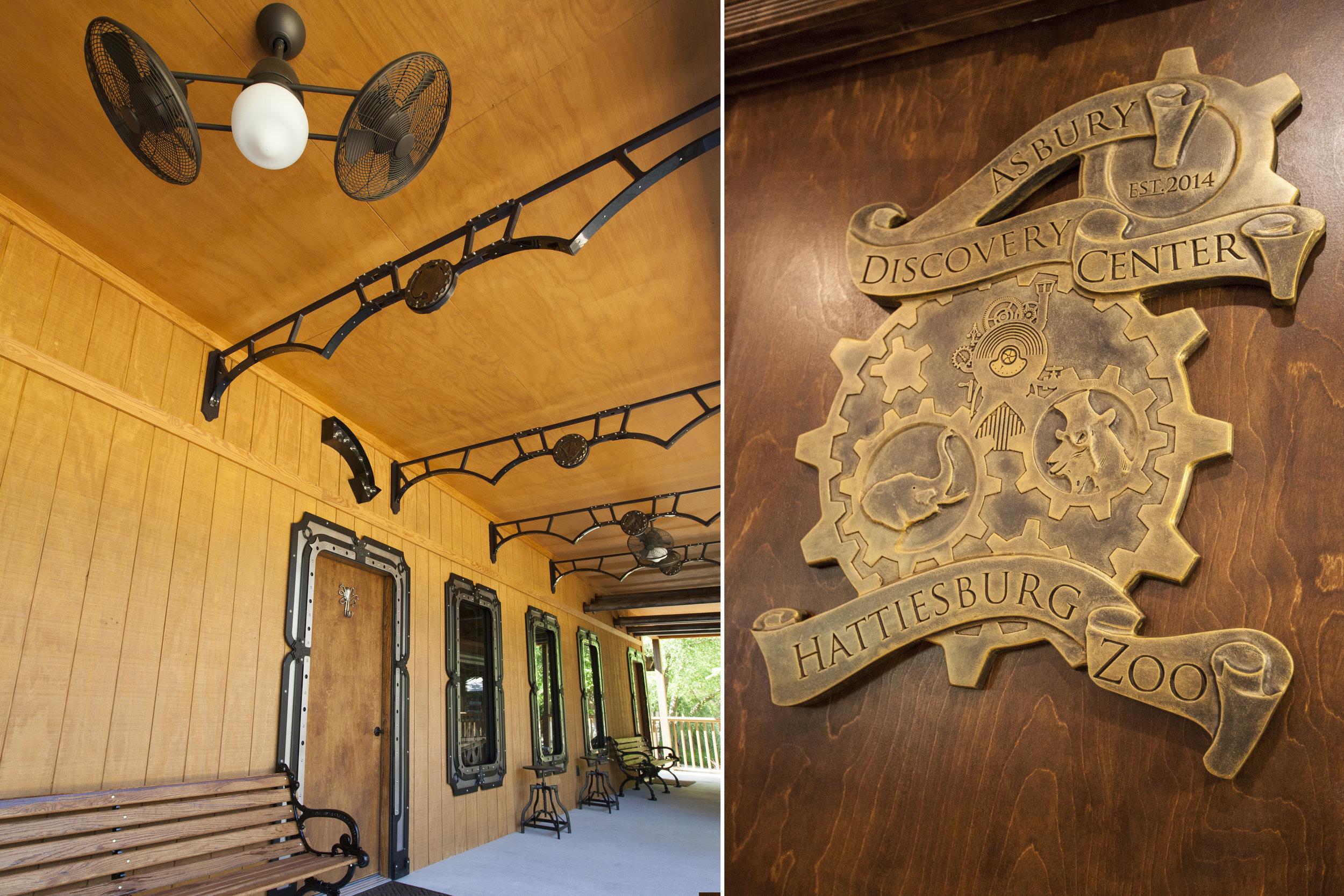 The covered walkways lead to the entrance of the Asbury Discovery Center, a meeting and event space with interactive exhibits.