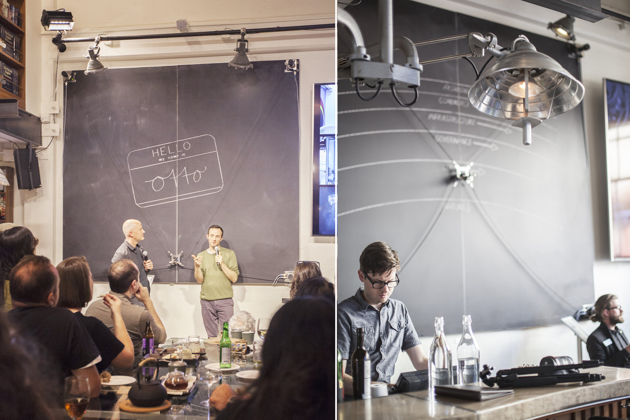  The chalk board robot in the background, used for conversation provoking decoration during most hours, and a back drop for the venue's ongoing talks at special evening hours. 