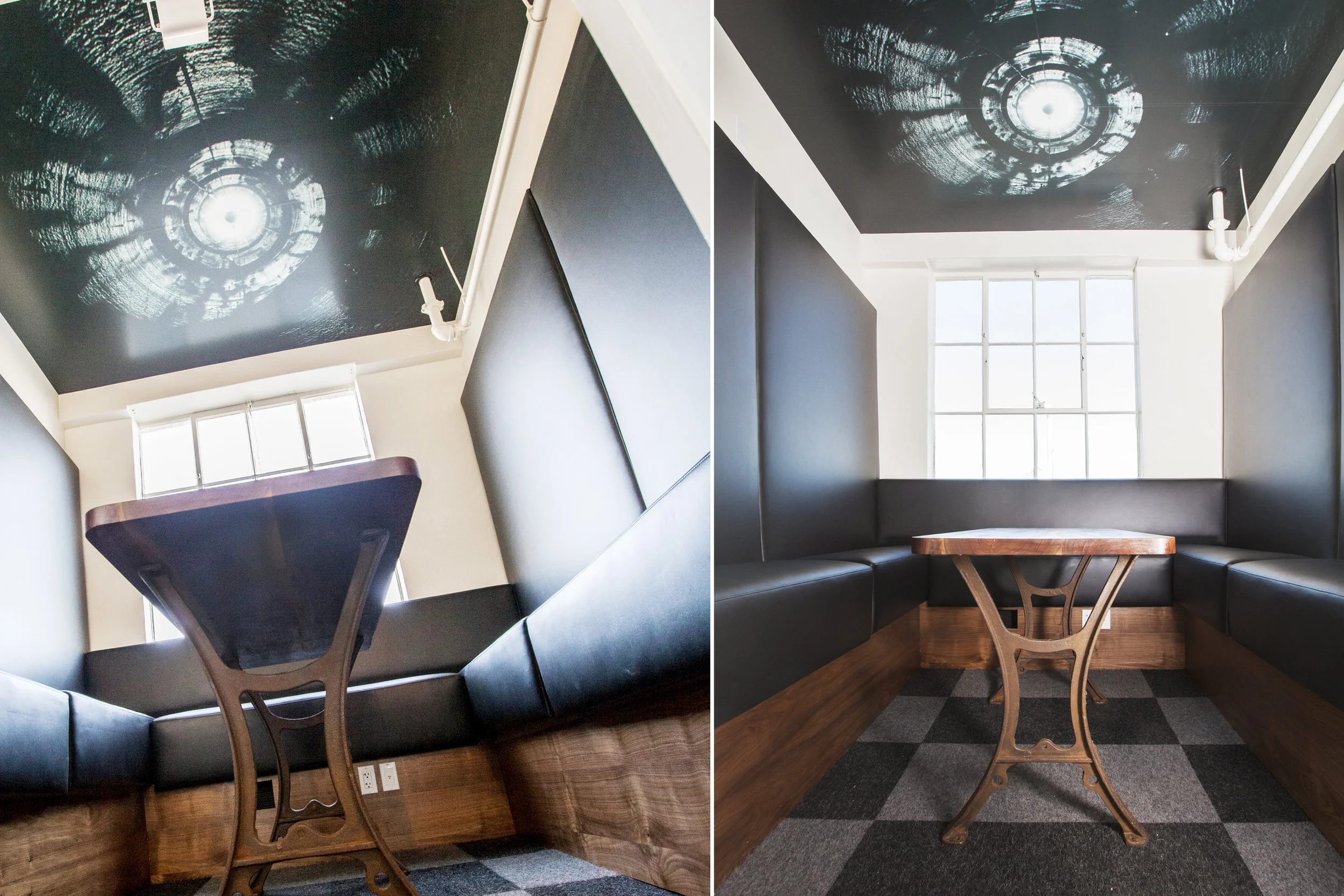A small room in the back of the space, now built our with wrap around cushioned seating. Look up and you will see a photo of the hole drilled into the mountain at the Longnow Clock site in Texas.