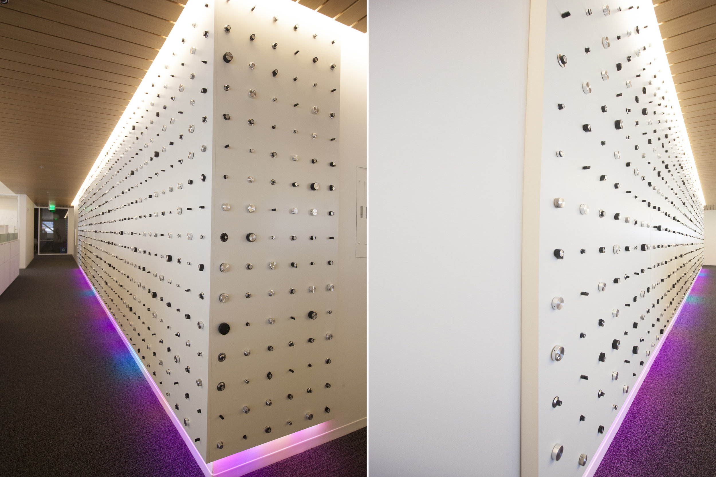  Rounding the corner, the LEDs on the bottom are controlled by select knobs that control multiple functions. The LEDs control is wirelessly accessible to be hacked and modified by the engineers that work on this floor of the Dolby headquarters. 