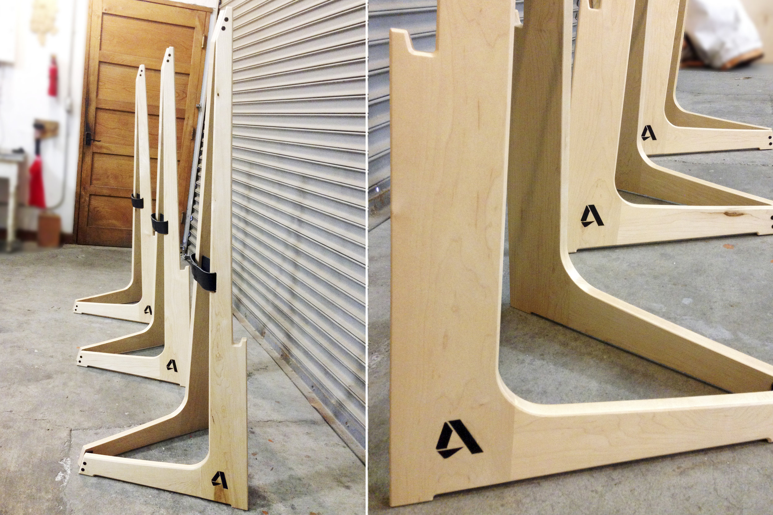  A row of easels made for the Autodesk Gallery &amp; special events. These hardwood pieces are durable, light and very unique with their leather hinge, joinery details and resin logo inlay. 