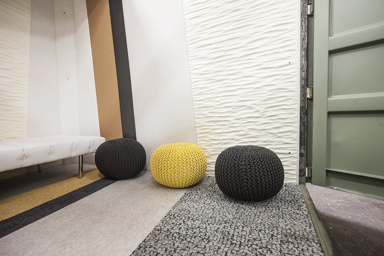 Fun textures line up, making striped patterns around the container lounge interior.