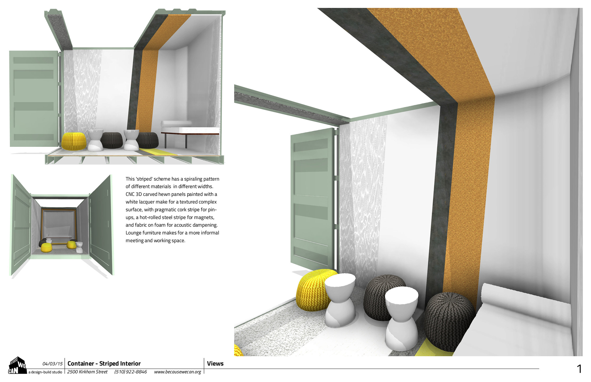  This 'striped' scheme has a spiraling pattern of different materials in different widths. CNC 3D carved hewn panels painted with a white lacquer make for a textured complex surface, with pragmatic cork stripe for pinups, a hot-rolled steel stripe fo