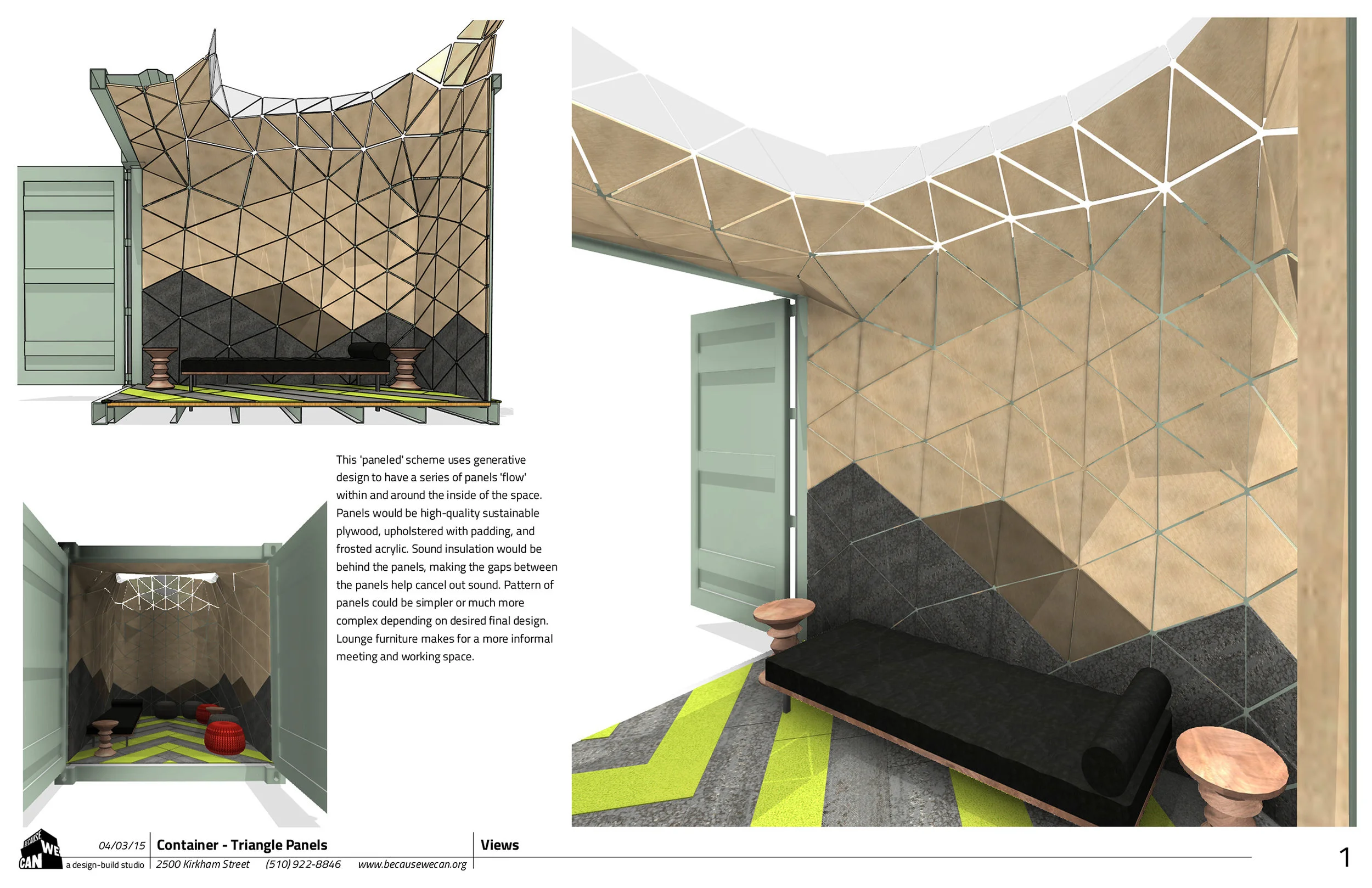 This 'paneled' scheme uses generative design to have a series of panels 'flow' within and around the inside of the space. Sound insulation behind the panels, making the gaps between the panels help cancel out sound. 