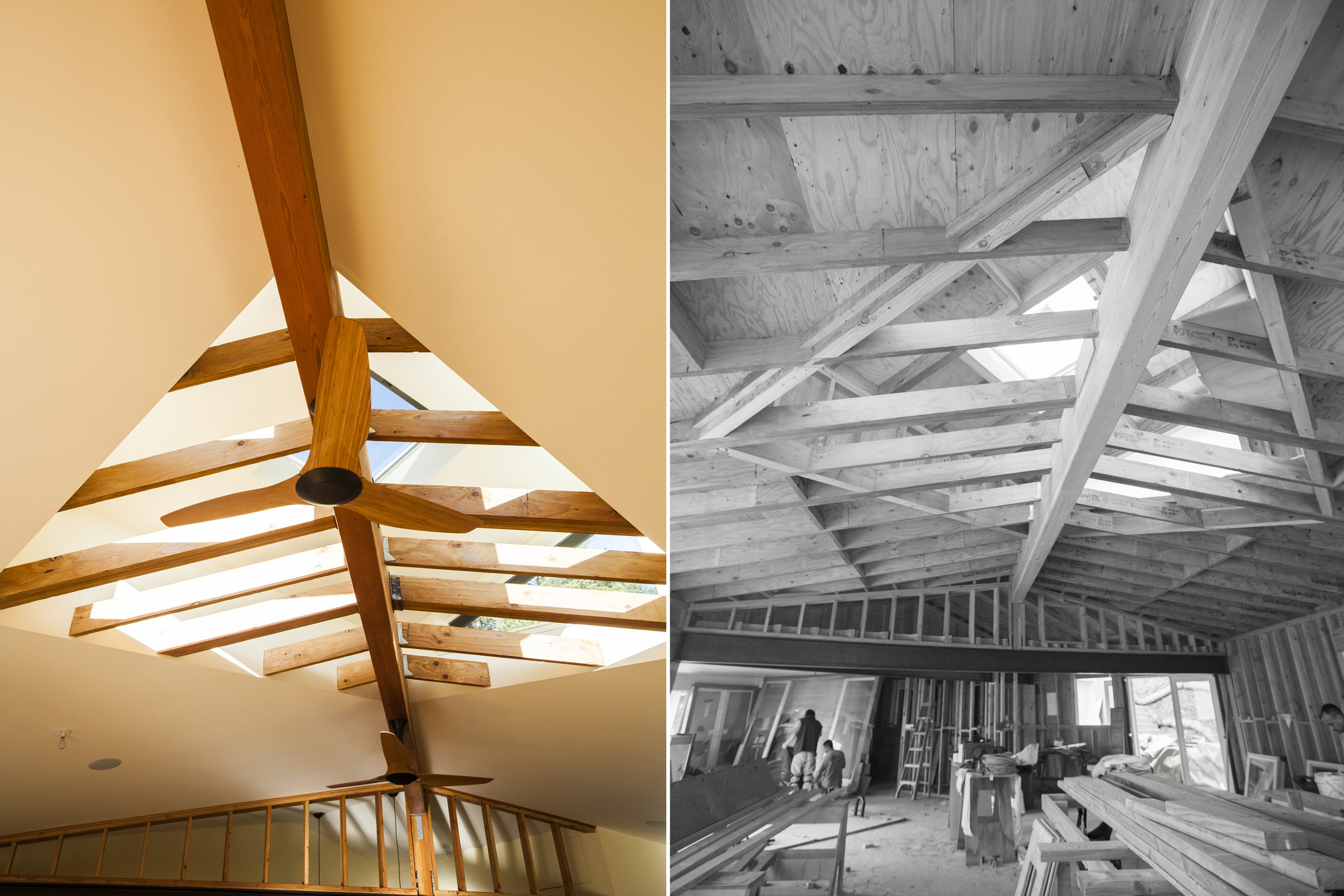 The exposed ceiling beams add interest to the interior.