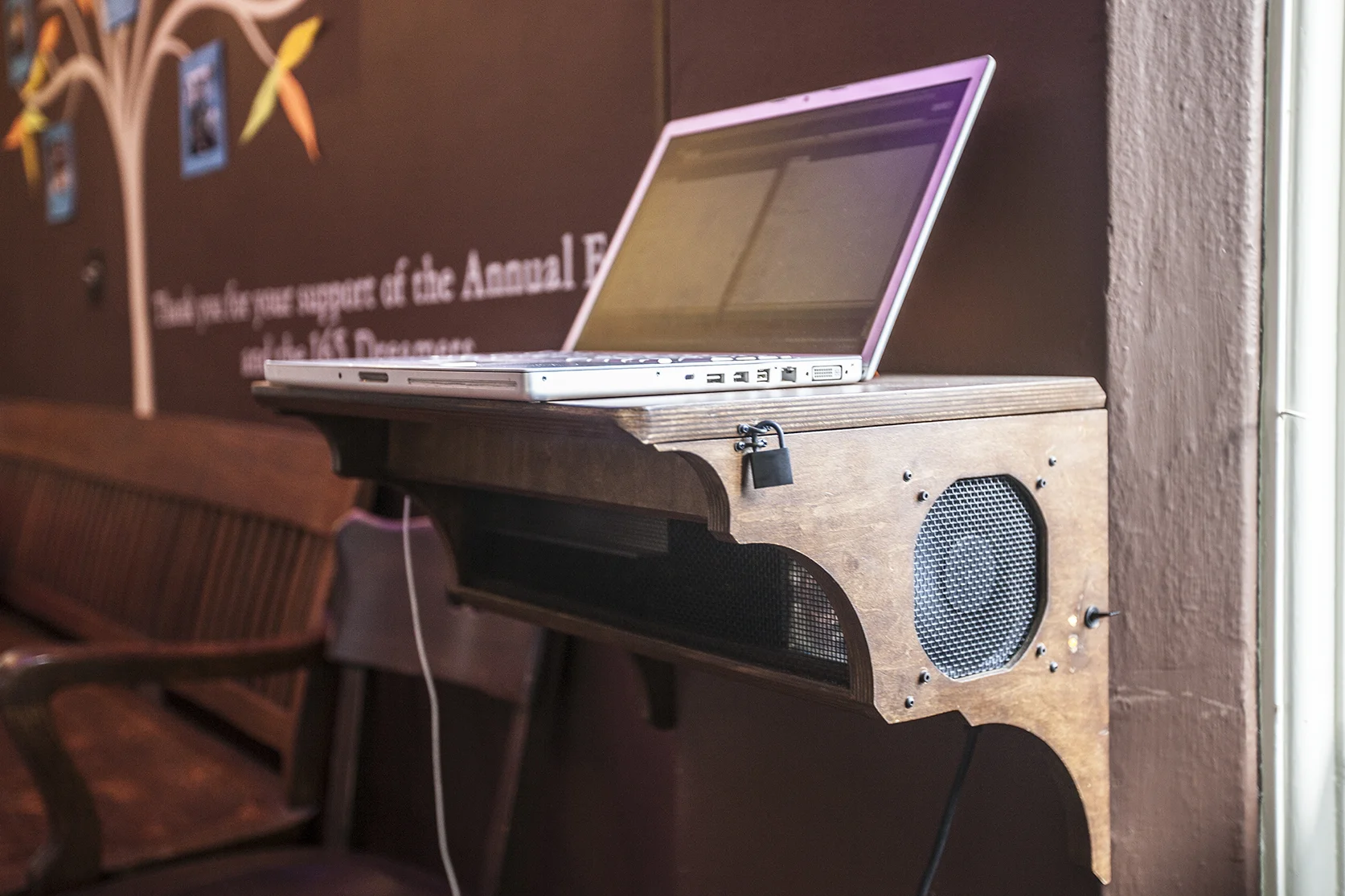The laptop shelf and controller box has a nice decorative design, lock for security and good airflow inside (with the metal mesh grates) This is where the STEAM class for programing the overhead LEDs is held.