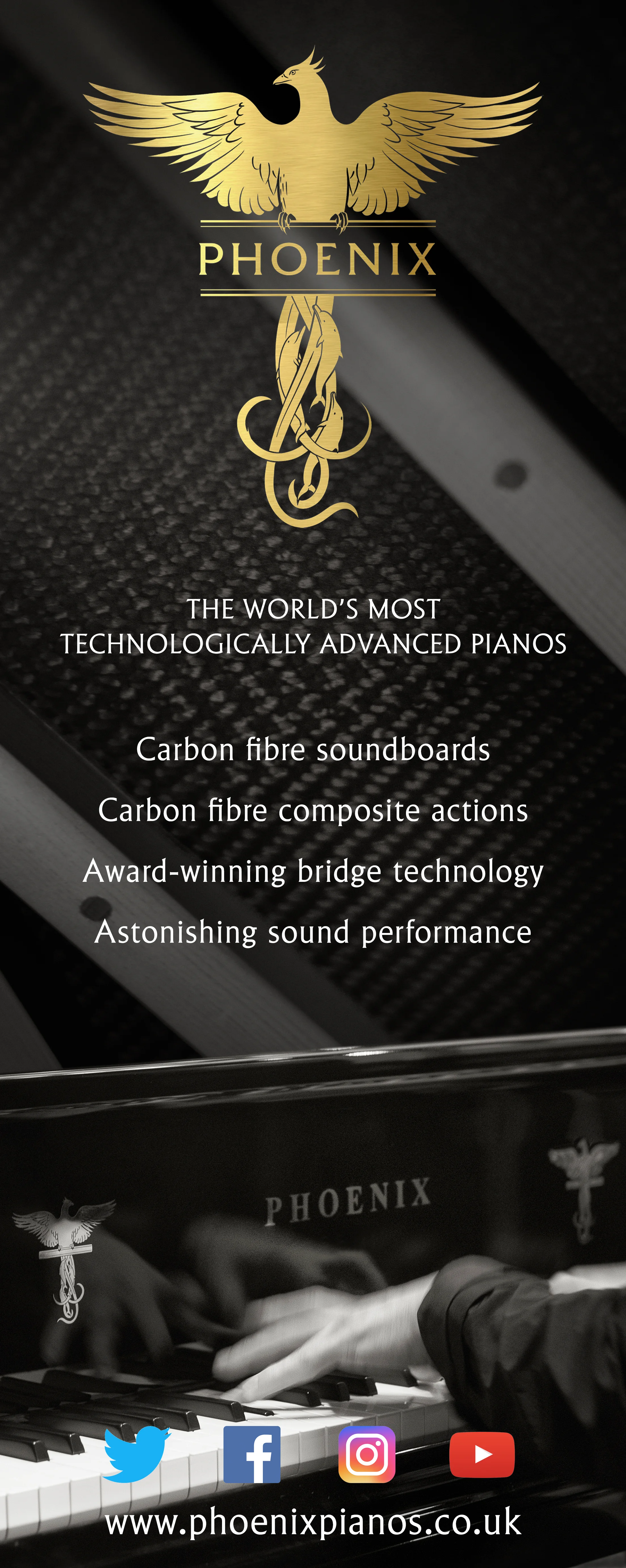 Premium roller banner, 80x200cm. Commissioned for Phoenix Piano's Kent and London showrooms.