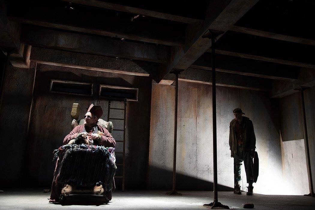 Actors Shayne David Cameris and Michael Sinkora in Siena College's Endgame (Design by Colin McIlvaine, Lighting Greg Solomon, Costumes Denise Massman). 