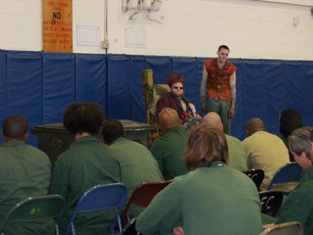Actors Shayne David Cameris and Michael Sinkora perform Endgame for inmates at Greene Correctional Facility.