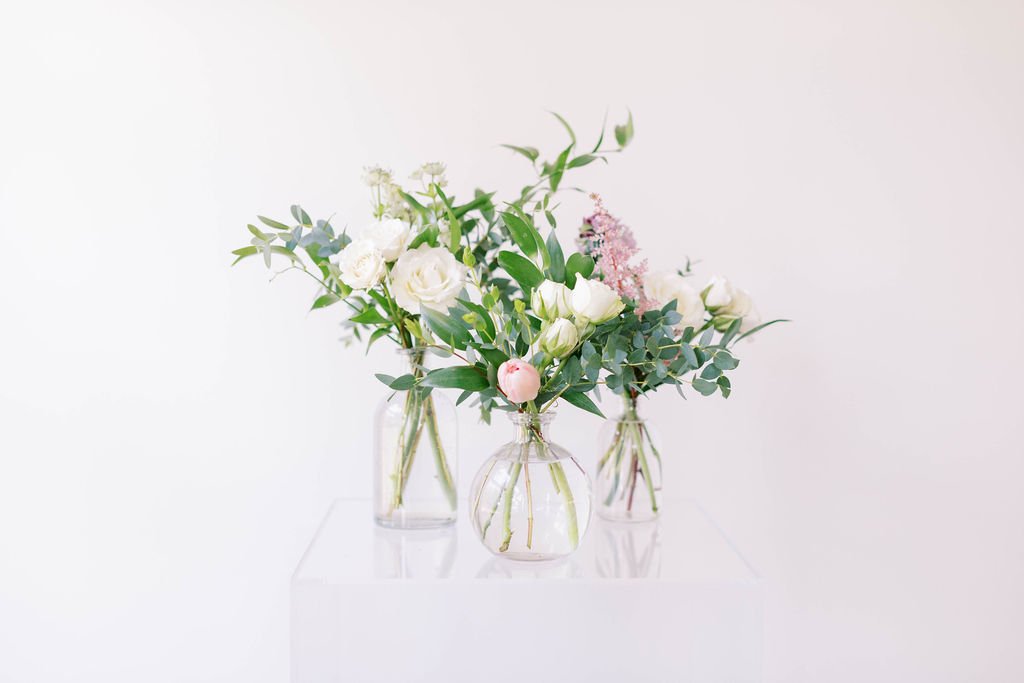 Bud vases with pink + white