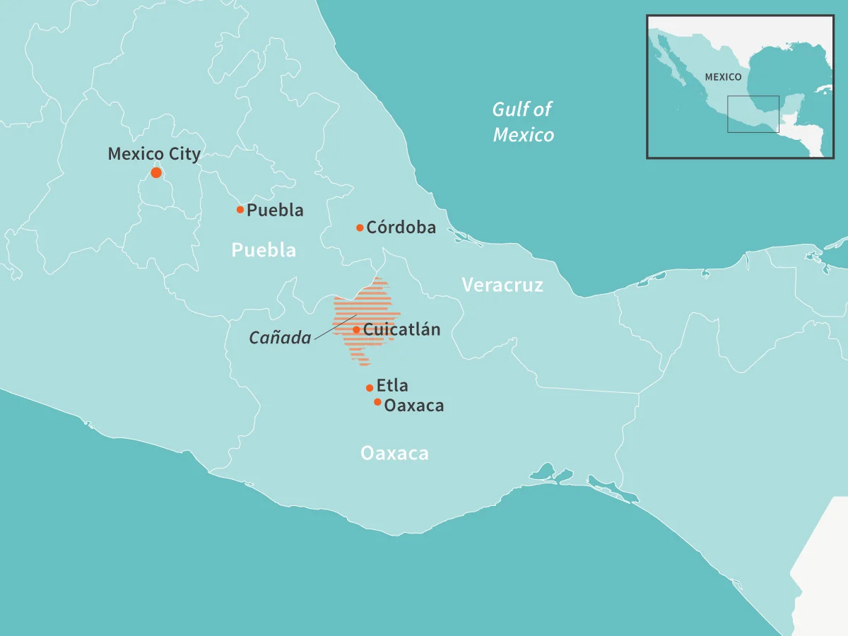 The Cañada of Oaxaca is home to chilhuacle, a chilli with nearly sacred status in the region’s cuisine. Map: E. Wikander/Azote.