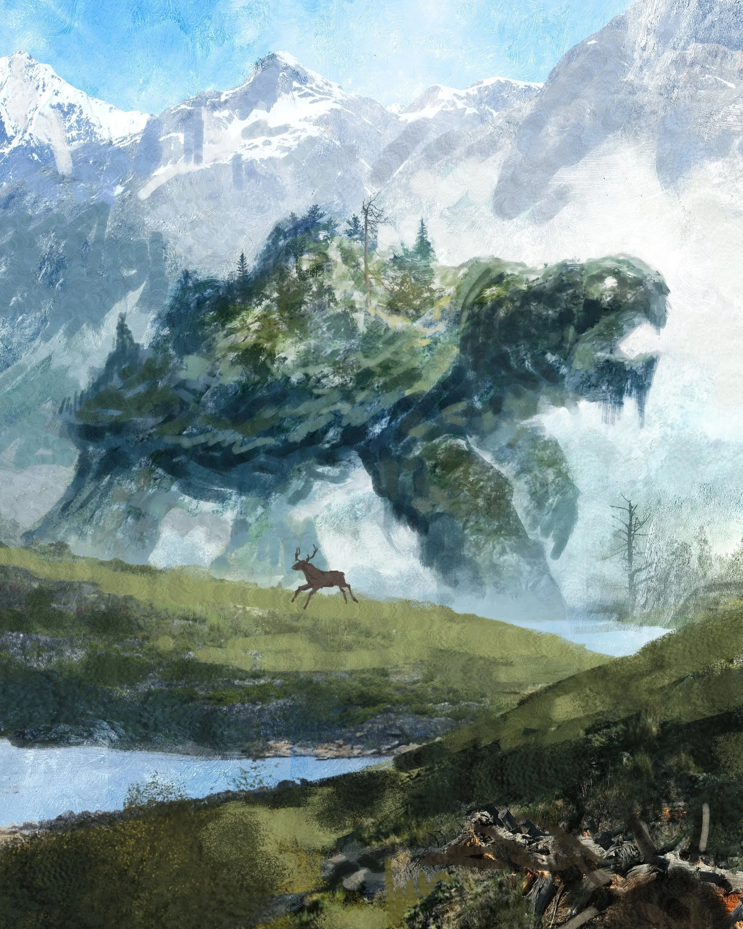 A digital painting of a mountainous landscape with snow-capped peaks, lush green hills, a body of water, and a lone deer in the foreground. A large rocky formation resembling a bear's head is also visible in the background.