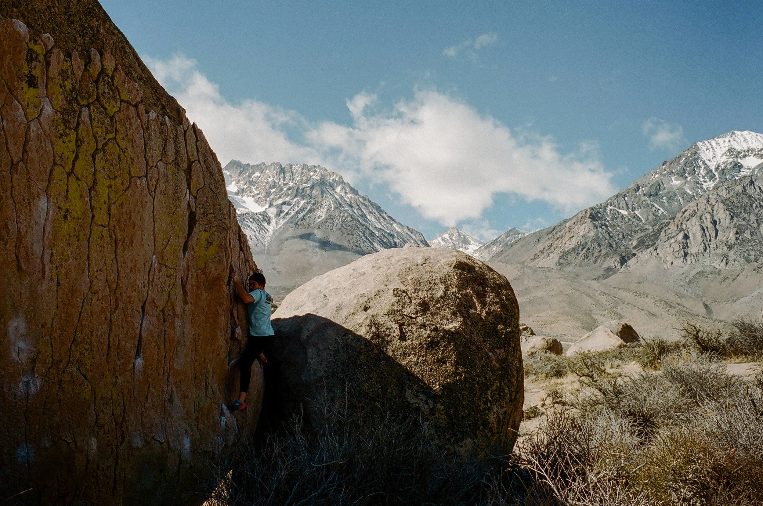 Bouldering with the sierras in the background