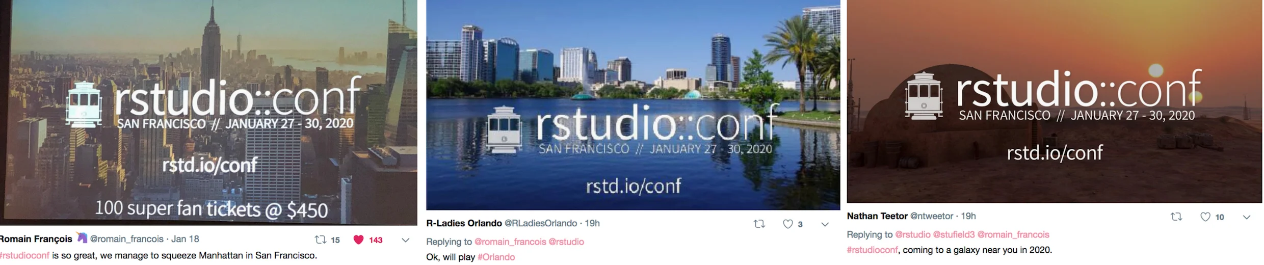 A sample of some of the rstudio::conf 2020 location trolling screenshots captured from Martin Skarzynski ’s twitter moment