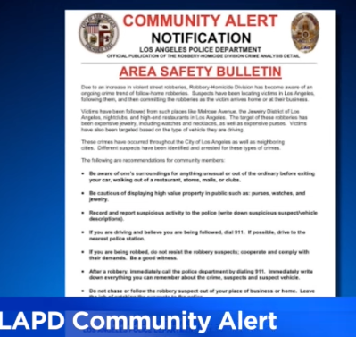 LAPD issues community alert in wake of several follow-home robberies