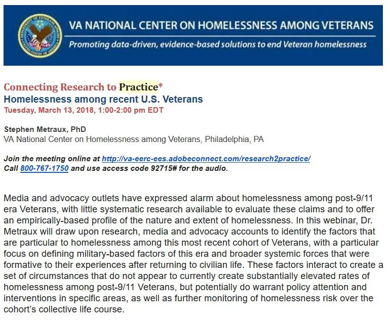 Homelessness among Recent US Veterans: The Webinar