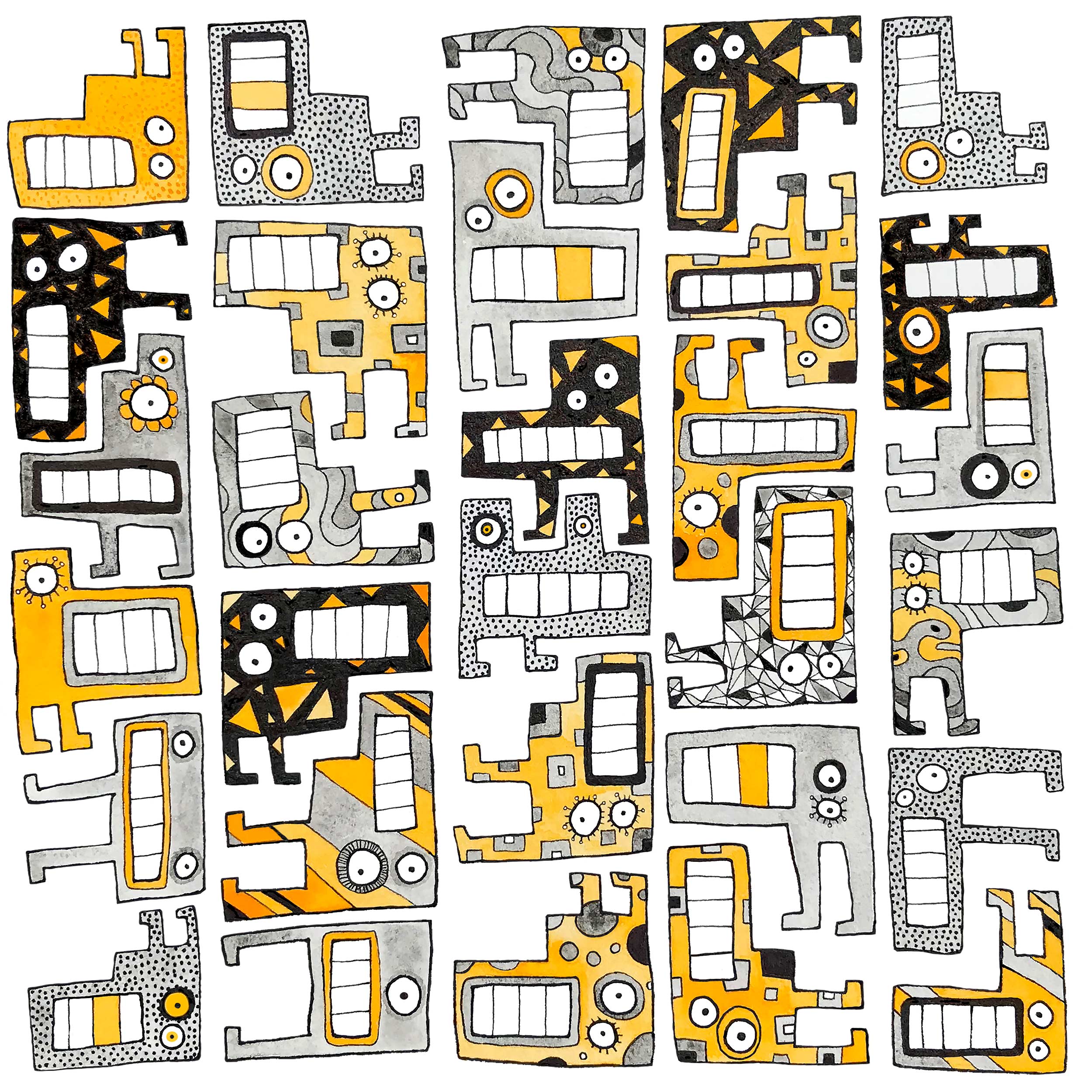 Tetris monsters yellow and grey