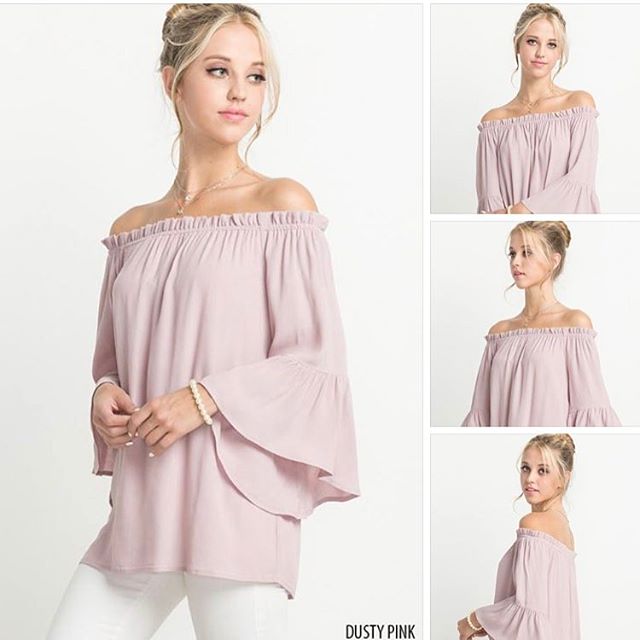 Crushing over this new arrival! Dusty pink off-the-shoulder with bell sleeves, this cutie is just $30 plus free shipping! Comment below with your size and email address for an invoice! #live #dazzle #dazzlebar #loveit #musthave #wardrobe #favorite #beautiful #summer #summerfun #spring #warmweather