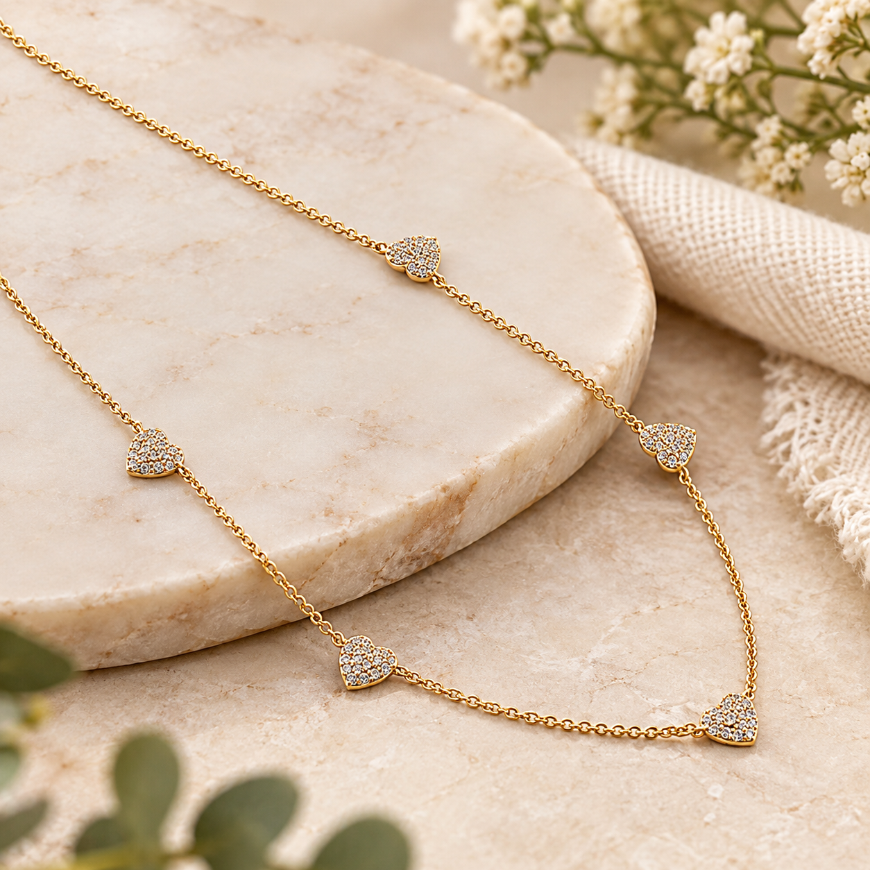 Delicate Pavé Multi Heart Gold Necklace