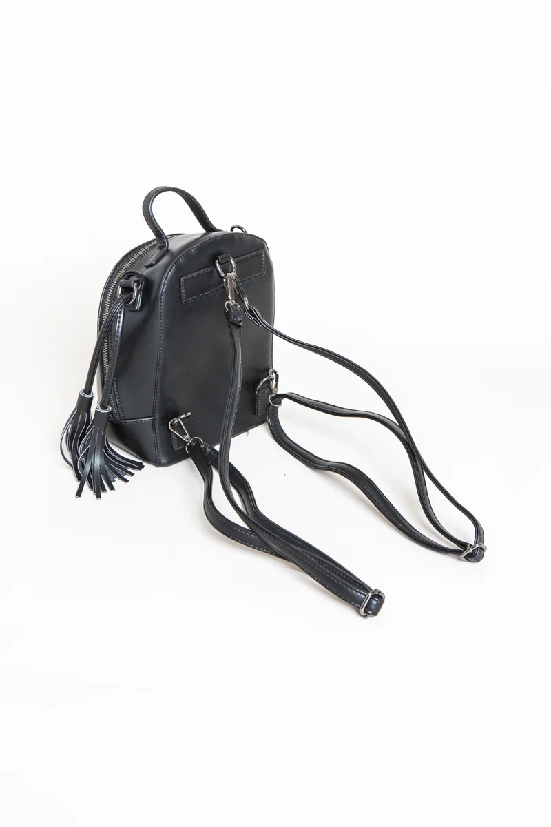 Black Vegan Leather Mini Tassel Backpack Handbag — DazzleBar display picture 3
