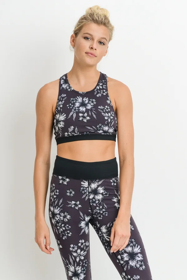 Plum Hibiscus Print Mesh Racerback Sports Bra