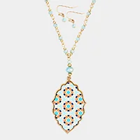 Patterned Printed Wood Long Necklace- Mint