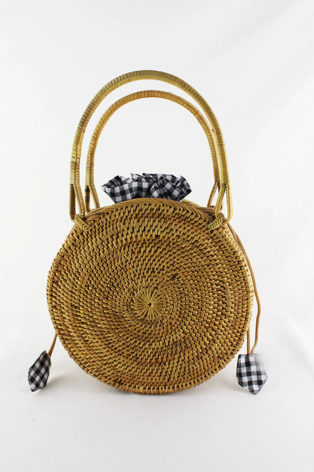 Gingham Round Rattan Ata Bag