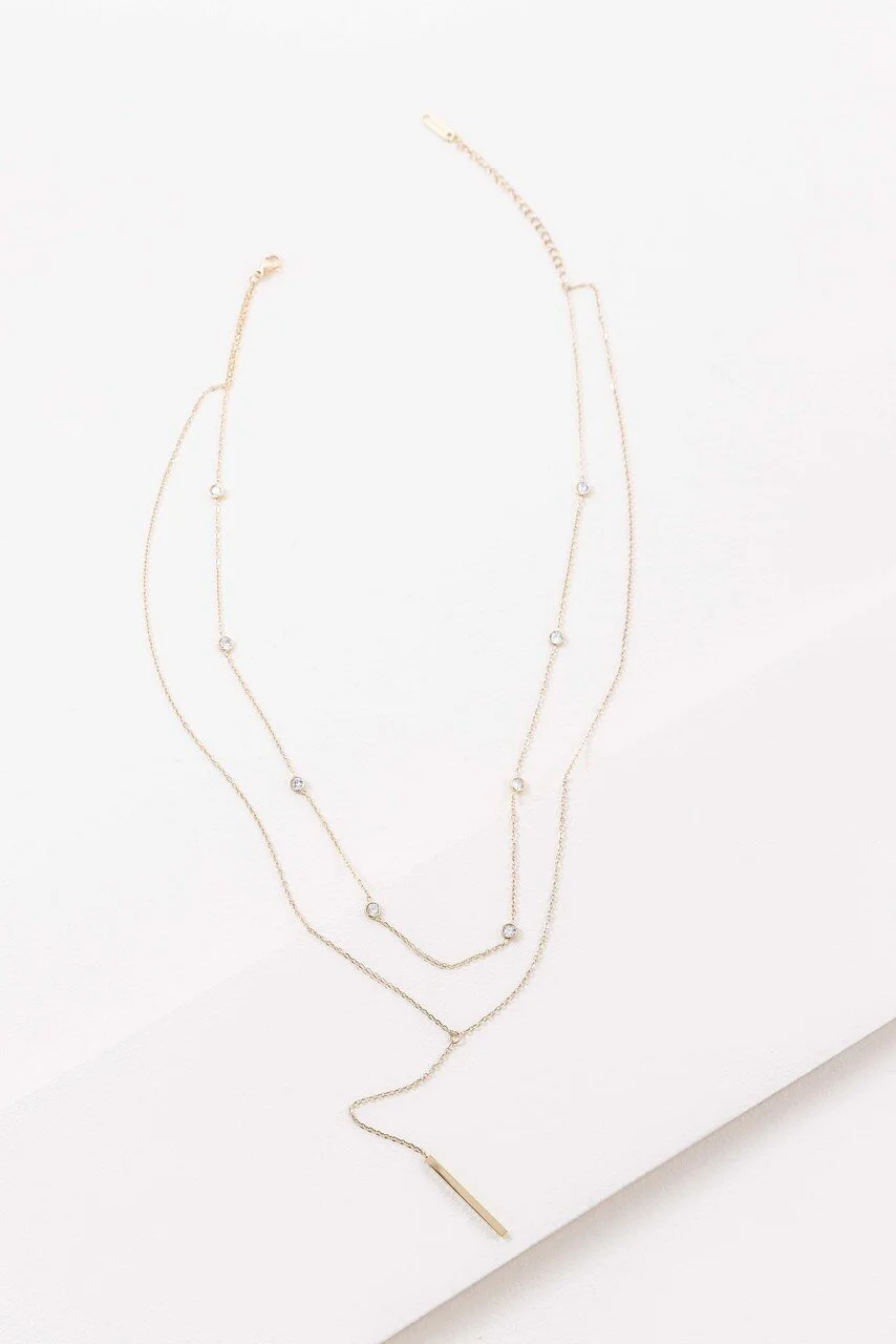 Stone Layered Gold Y-Chain Necklace- 14K Gold
