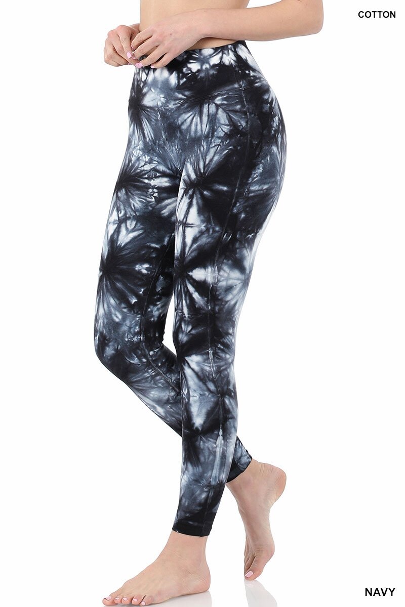 Wide Waistband Navy Tie Dye Cotton Leggings  