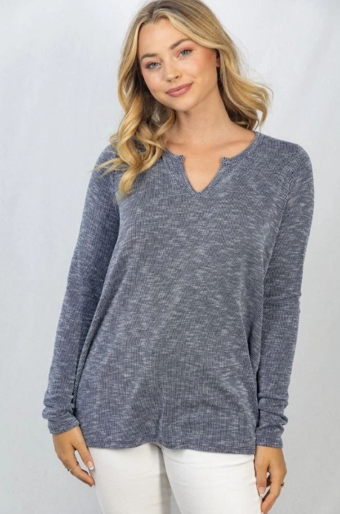 Navy Soft Ribbed V-Neck Top