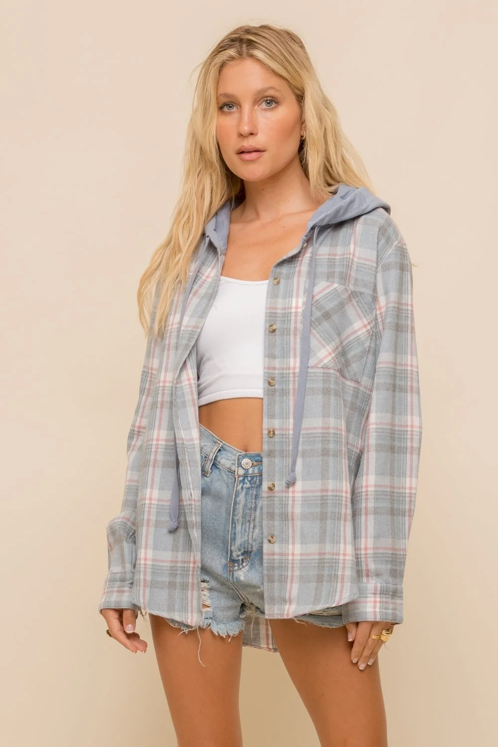French Terry Plaid Hoodie Shacket- Dusty Blue — DazzleBar