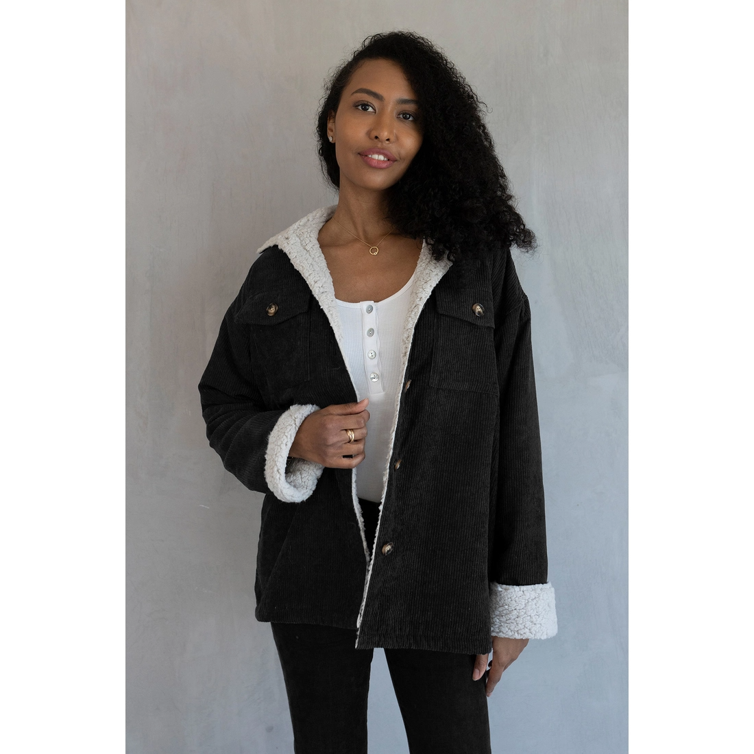 Lex Sherpa Trim Jacket w/ Faux Pockets- Black