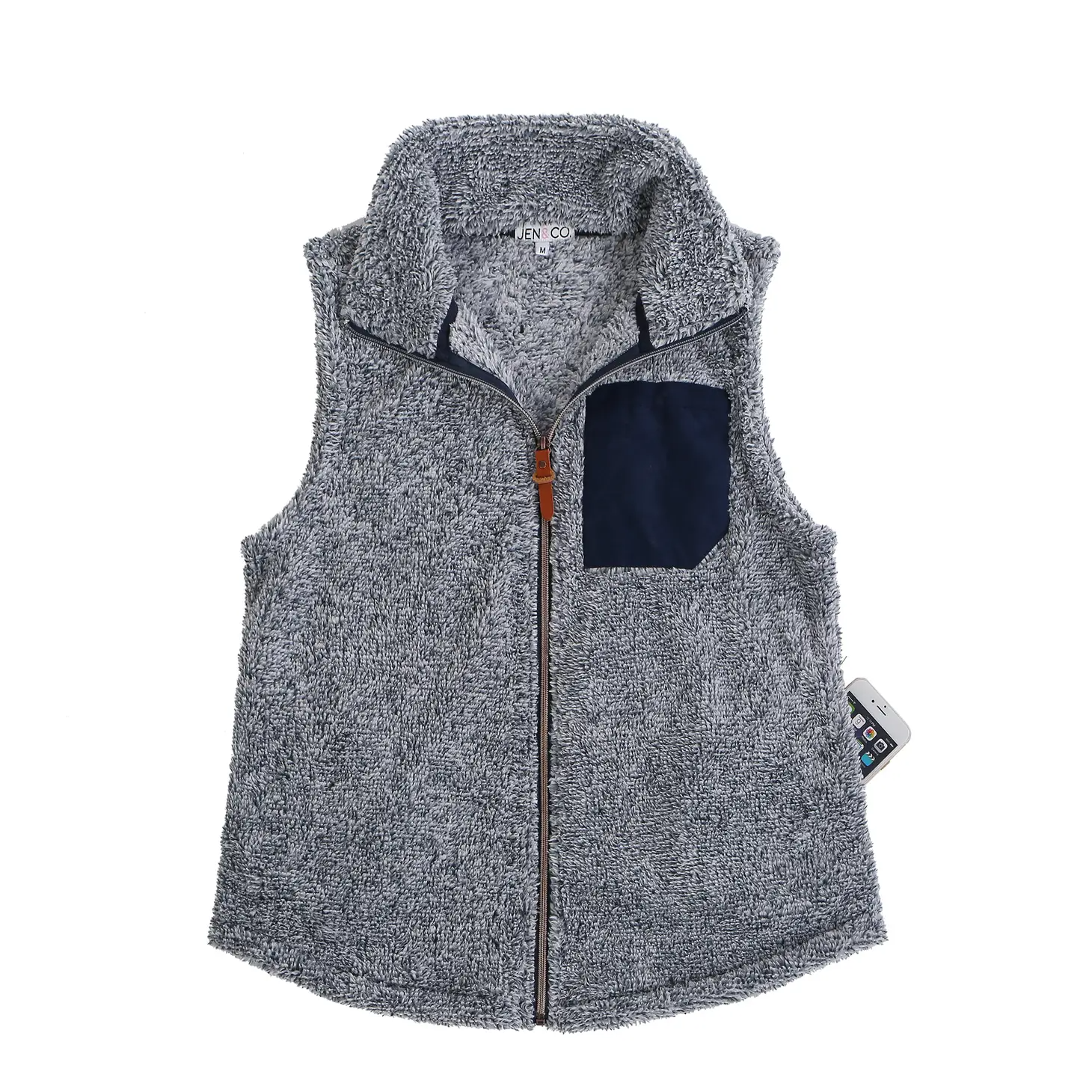 SUPER DEAL Rue Sherpa Vest w/ Faux Pocket Patch- Navy