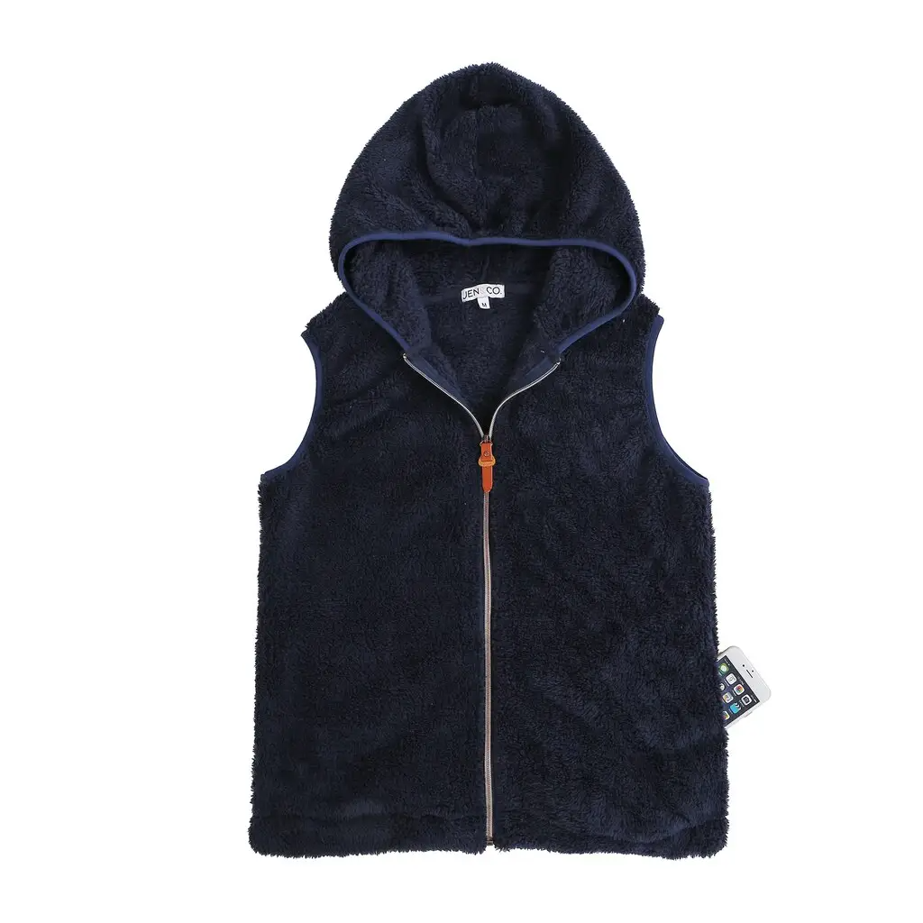 SUPER DEAL Paige Hooded Sherpa Vest- Navy