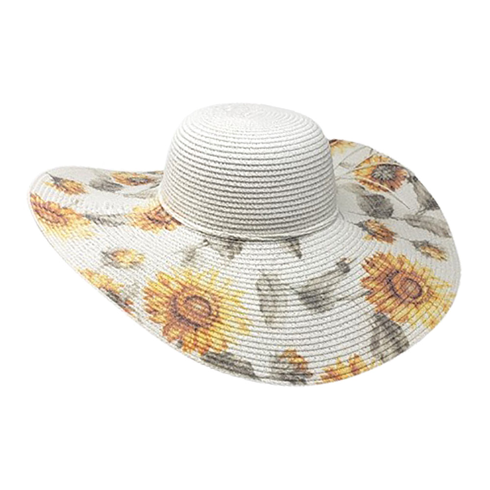 Sunflower Patterned Straw Floppy Sun Hat- White — DazzleBar display picture 2