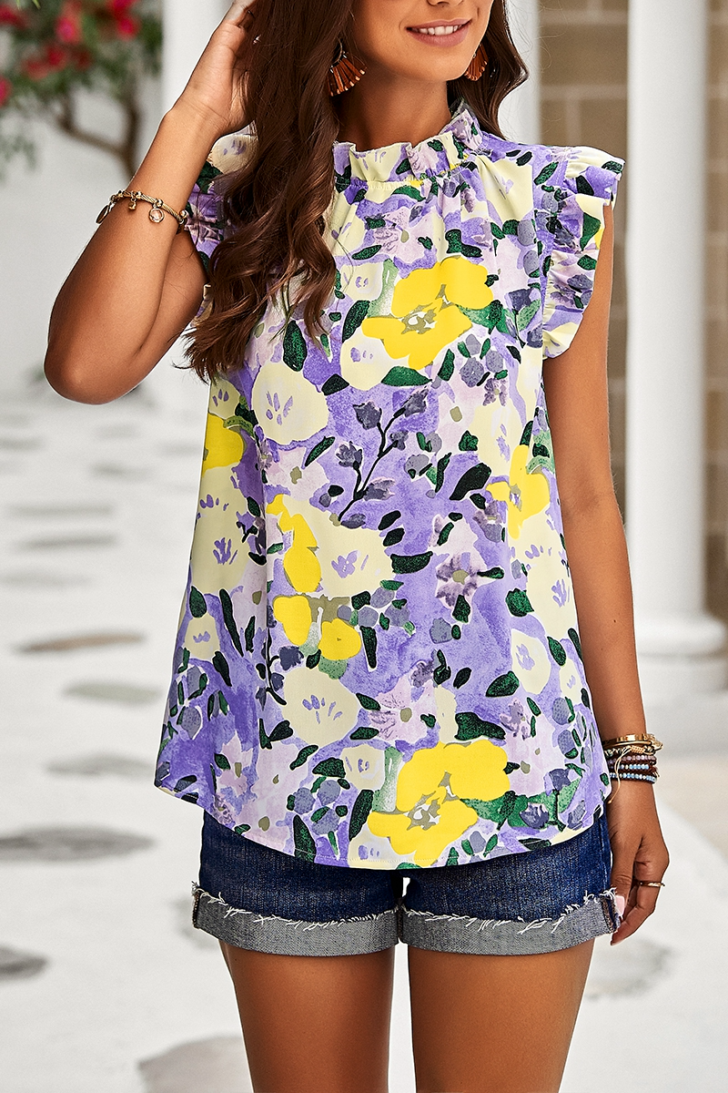 Floral Ruffle Collar Flutter Sleeve Top- Purple