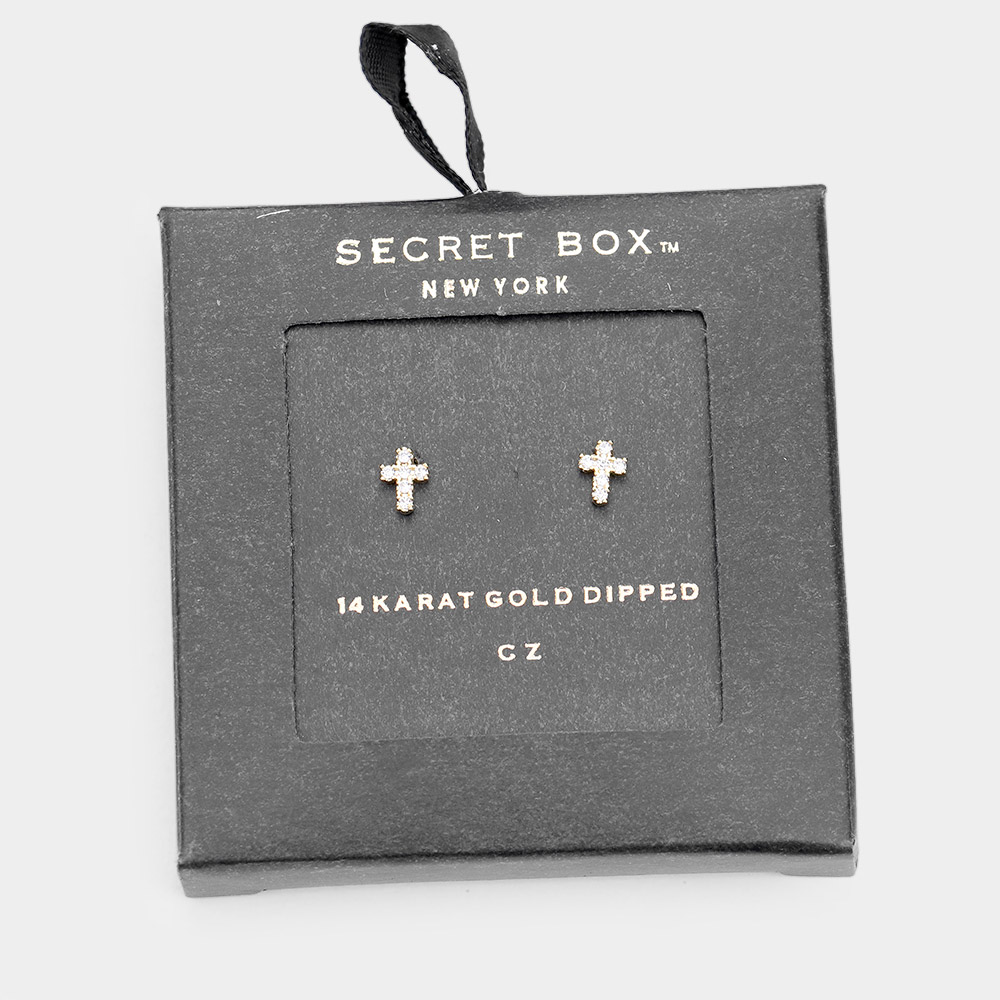 Secret Box CZ Cross Stud Earrings- 24K White Gold Dipped