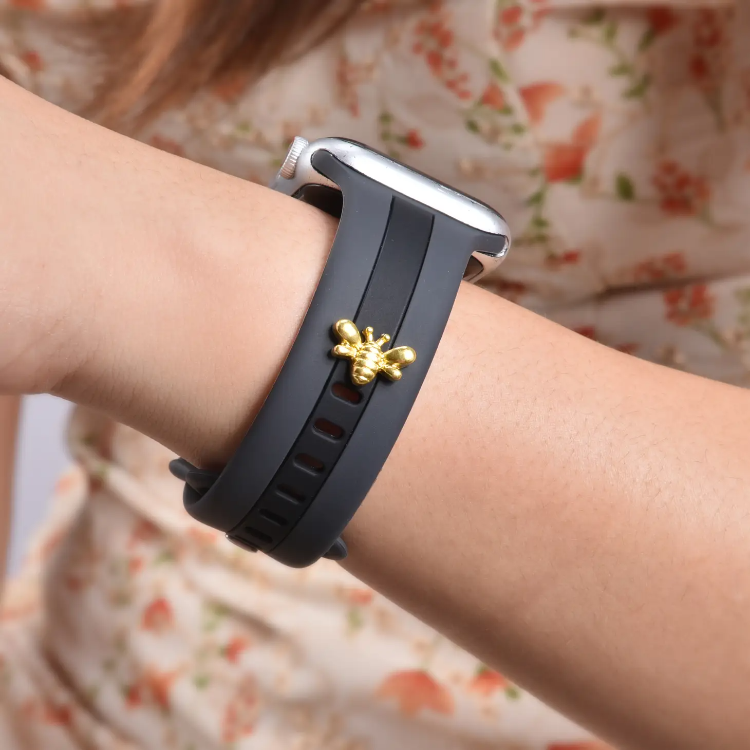 Apple Watch Silicone Grey and Black Band w/Bee Charm Stud- Gold or Silver